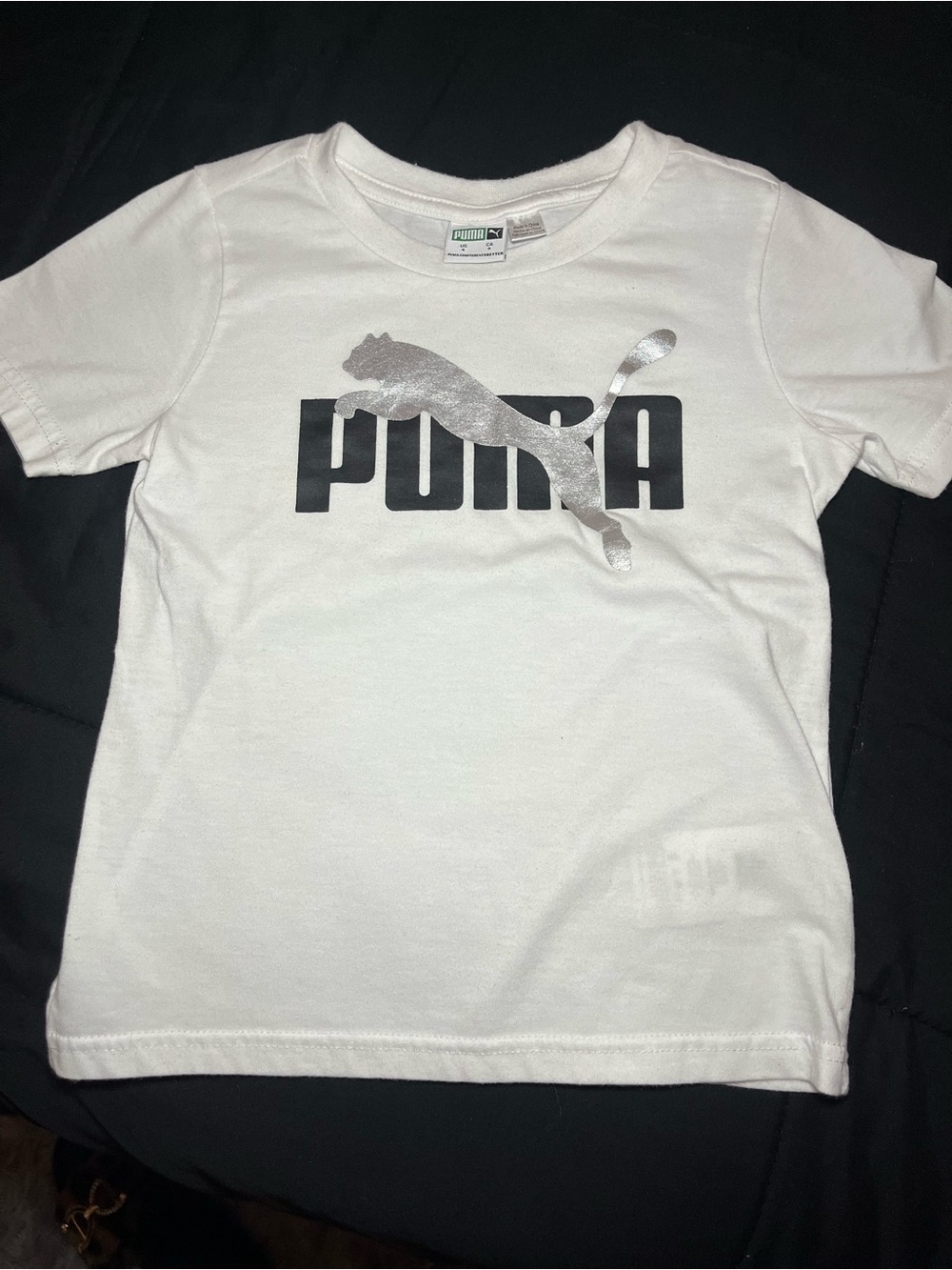 Kids Puma White Tee with Black Text and Silver Puma Logo